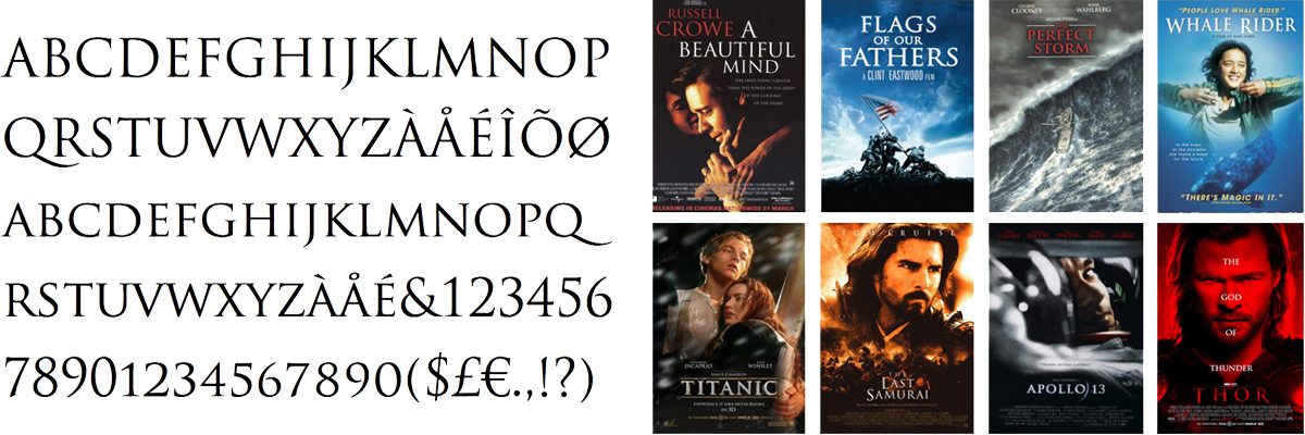 8 movie posters compared to alphabet in font Trajan 