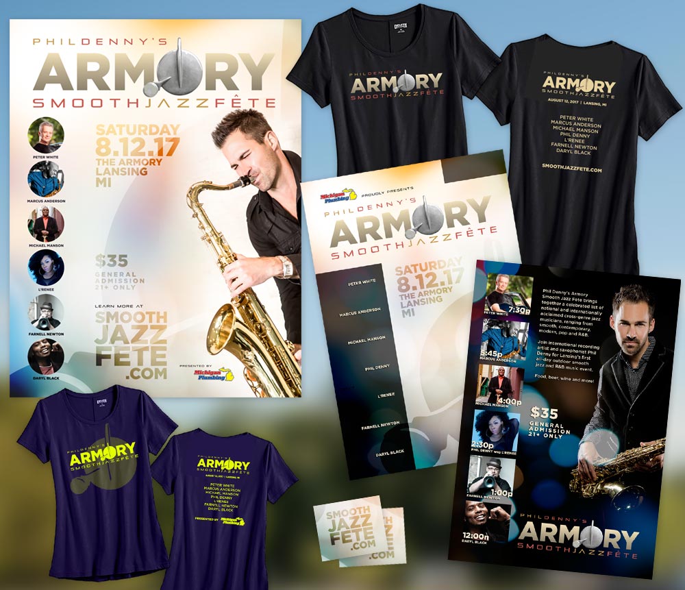 Pictures of Armory Smooth Jazz Fete flyers and t-shirts